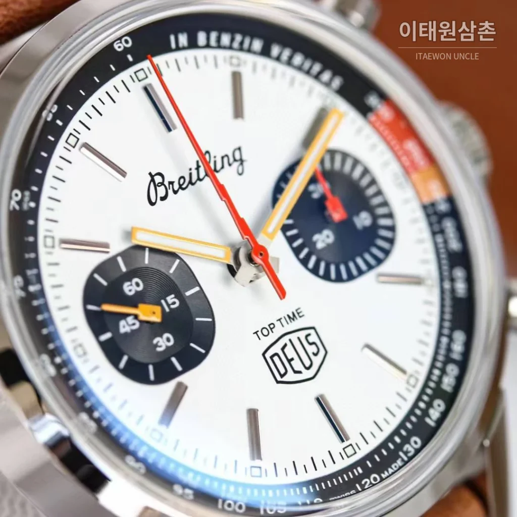 브라이틀링 탑타임 스틸 조로다이얼 크로노그래프 오토매틱 41mm 브라운 가죽 스트랩 블랙 베젤