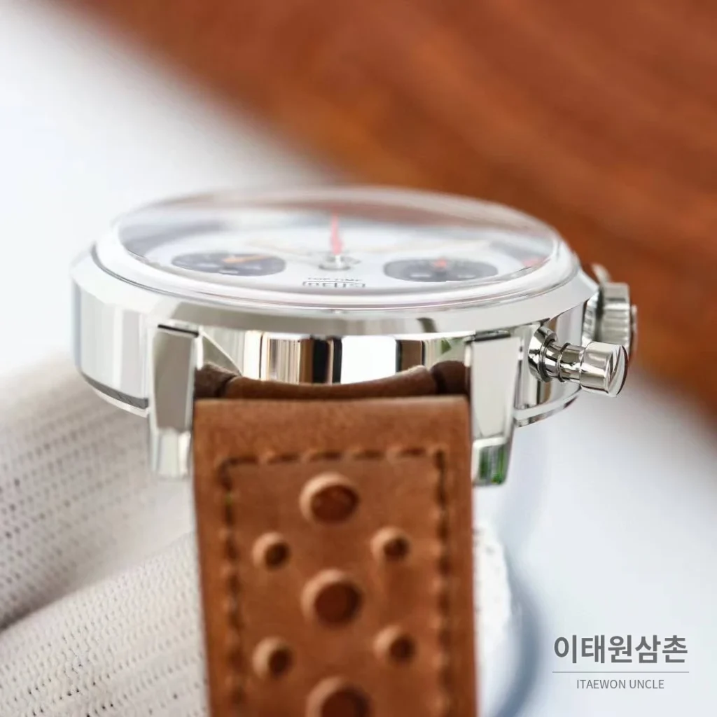 브라이틀링 탑타임 스틸 조로다이얼 크로노그래프 오토매틱 41mm 브라운 가죽 스트랩 블랙 베젤