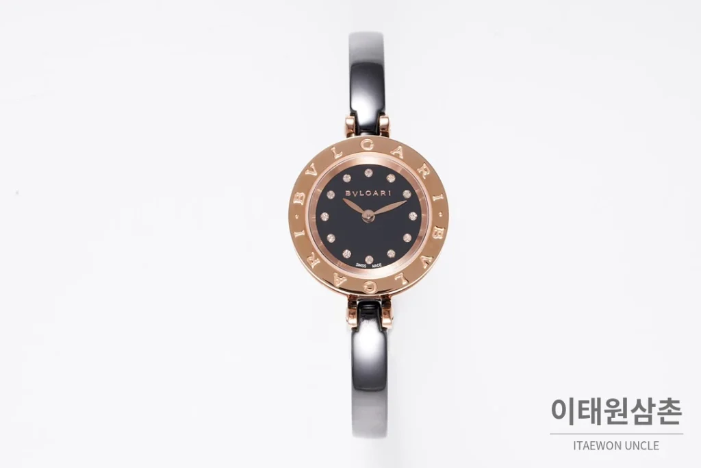 불가리 비제로원 세라믹 브레이슬릿 쿼츠 워치 23mm 블랙 다이얼 로즈골드 베젤