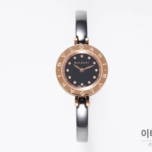 불가리 비제로원 세라믹 브레이슬릿 쿼츠 워치 23mm 블랙 다이얼 로즈골드 베젤