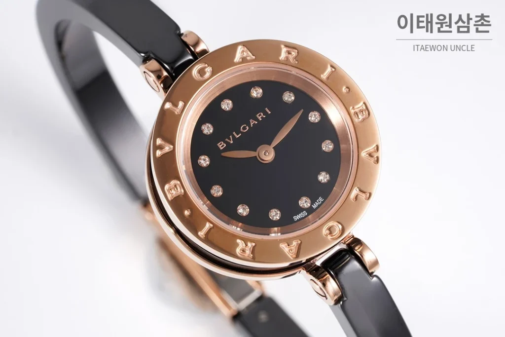 불가리 비제로원 세라믹 브레이슬릿 쿼츠 워치 23mm 블랙 다이얼 로즈골드 베젤