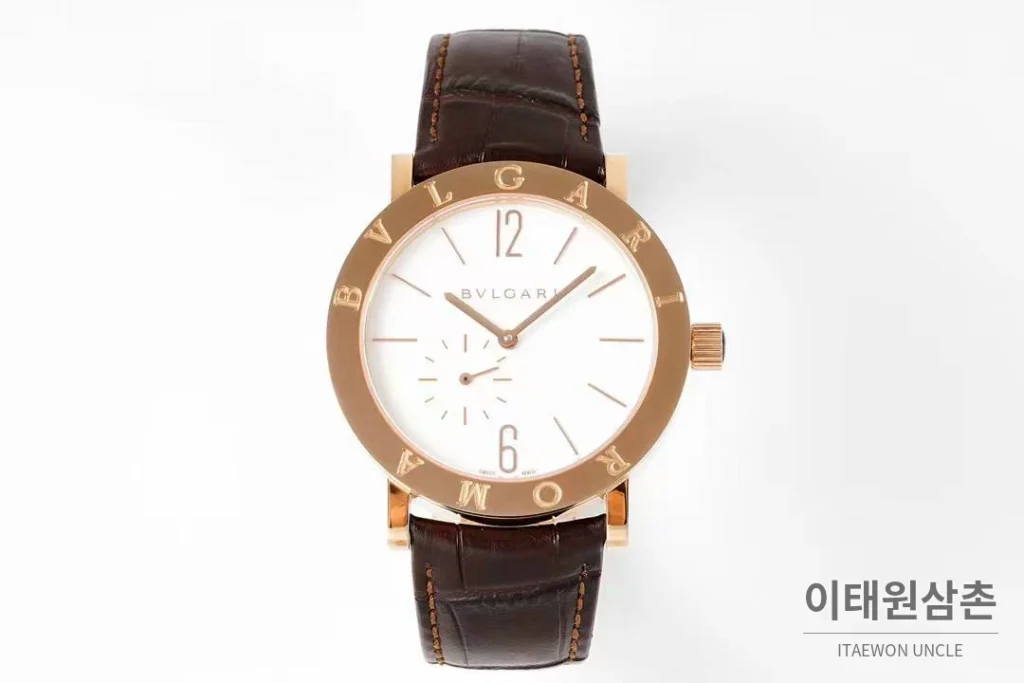 불가리 불가리 로마 스틸 아이보리다이얼 스몰세컨즈 오토매틱 41mm 브라운 가죽 스트랩 로즈골드 베젤