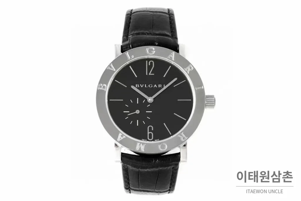 불가리 불가리 로마 스틸 아이보리다이얼 스몰세컨즈 오토매틱 41mm 블랙 가죽 스트랩 실버 베젤