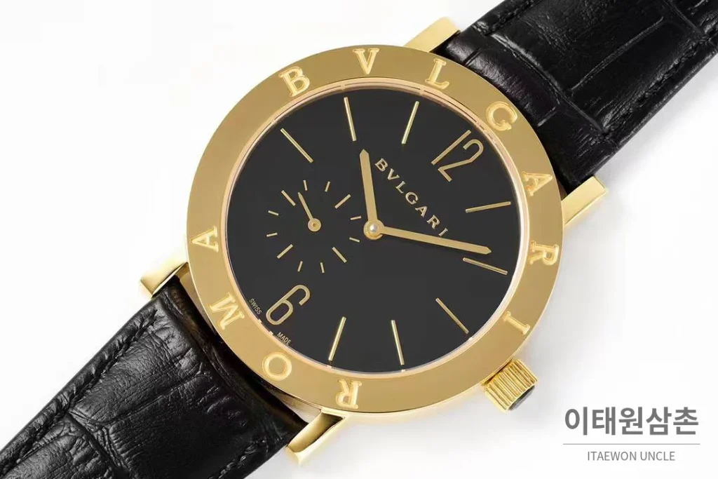 불가리 불가리 로마 스틸 아이보리다이얼 스몰세컨즈 오토매틱 41mm 블랙 가죽 스트랩 골드 베젤