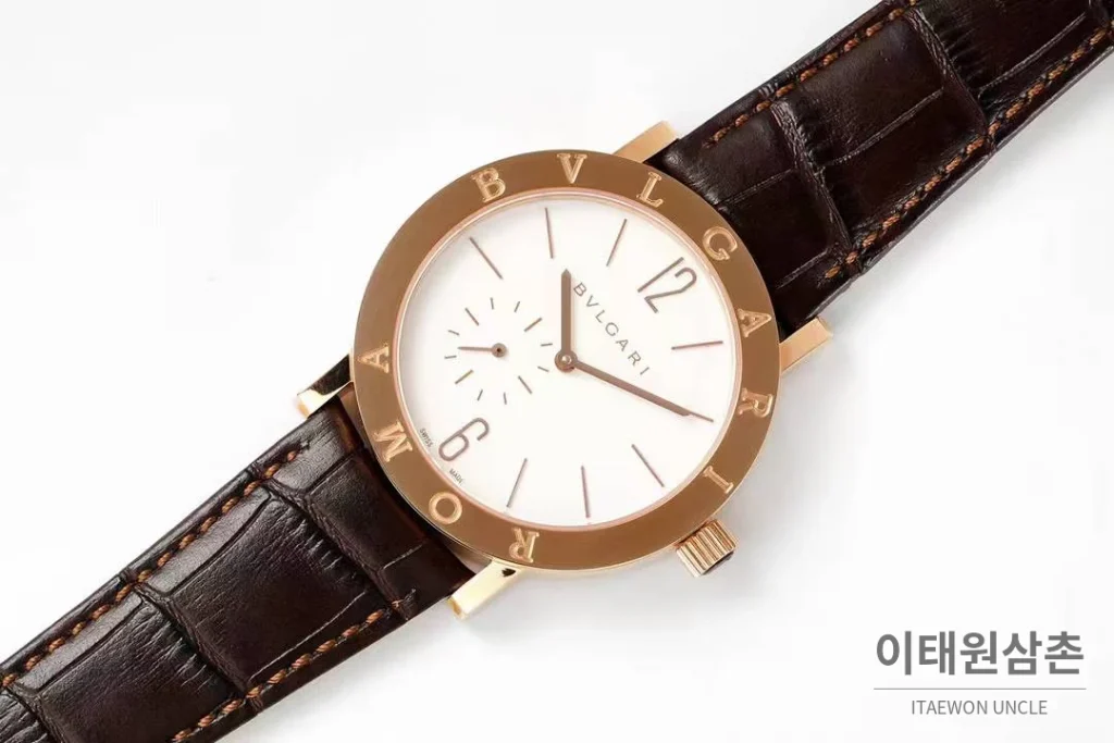 불가리 불가리 로마 스틸 아이보리다이얼 스몰세컨즈 오토매틱 41mm 브라운 가죽 스트랩 로즈골드 베젤
