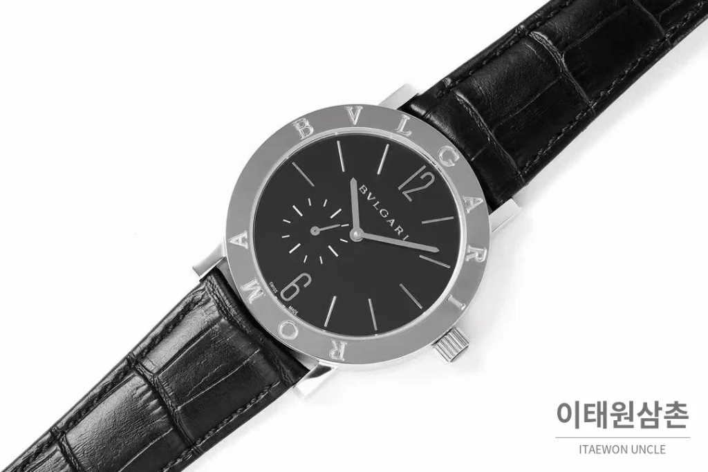 불가리 불가리 로마 스틸 아이보리다이얼 스몰세컨즈 오토매틱 41mm 블랙 가죽 스트랩 실버 베젤