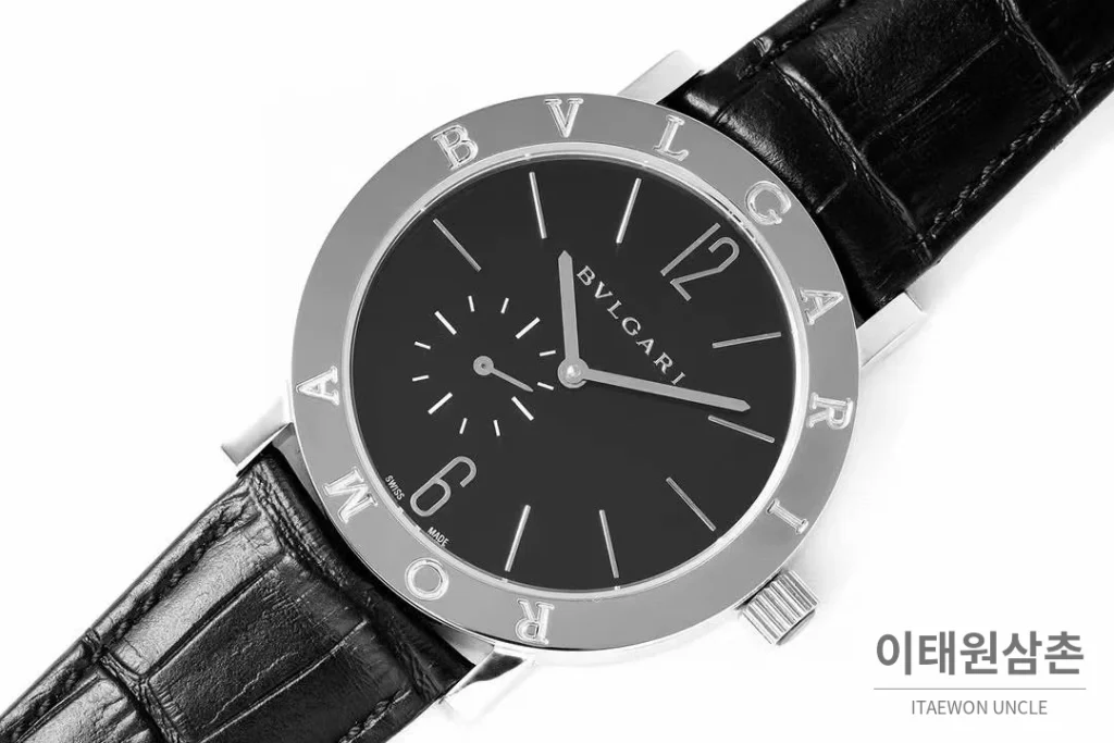 불가리 불가리 로마 스틸 아이보리다이얼 스몰세컨즈 오토매틱 41mm 블랙 가죽 스트랩 실버 베젤
