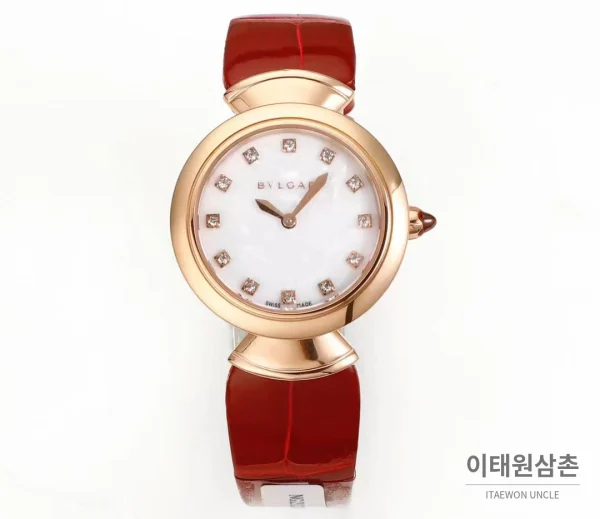 불가리 디바스 드림 다이아세팅 화이트다이얼 쿼츠 레드 가죽 스트랩