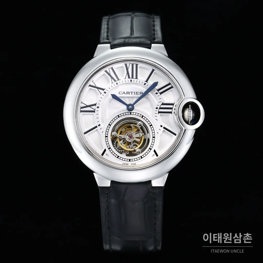 까르띠에 발롱블루 드 까르띠에 투르비용 로마다이얼 오토매틱 42mm 블랙 가죽 스트랩