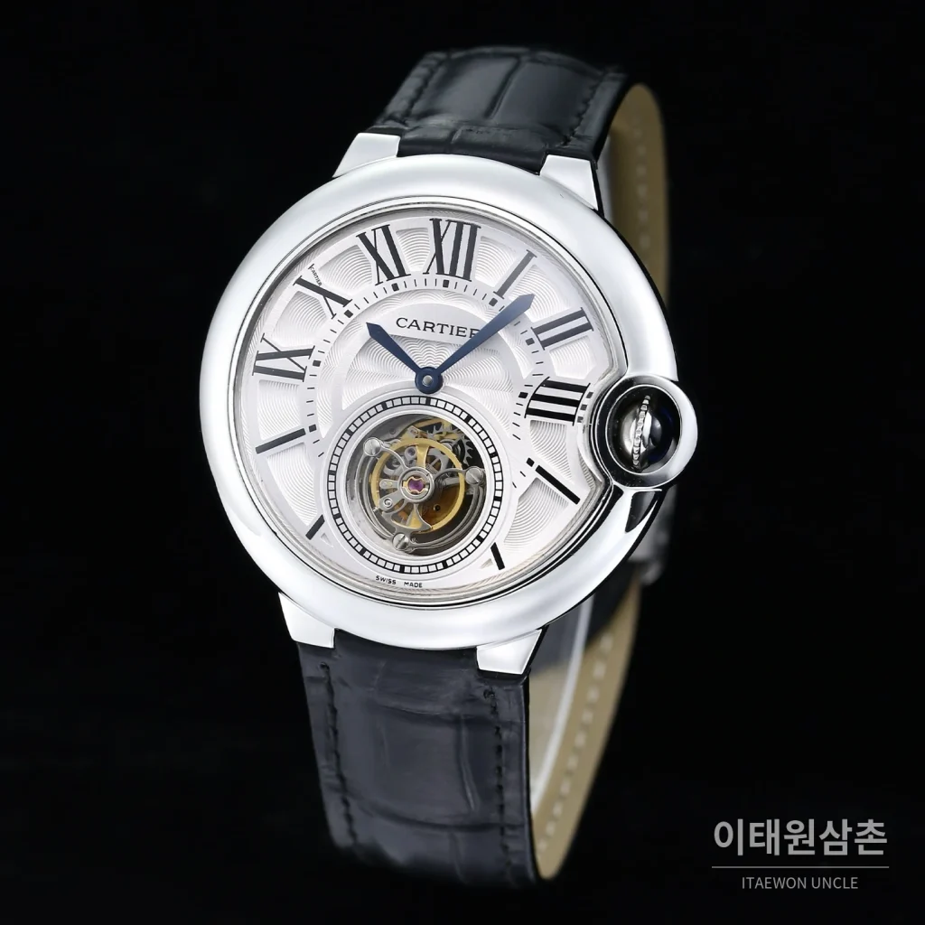 까르띠에 발롱블루 드 까르띠에 투르비용 로마다이얼 오토매틱 42mm 블랙 가죽 스트랩