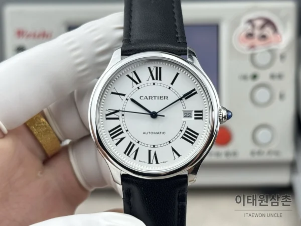 까르띠에 런던 오토매틱 40mm 화이트 다이얼 블랙 가죽 스트랩