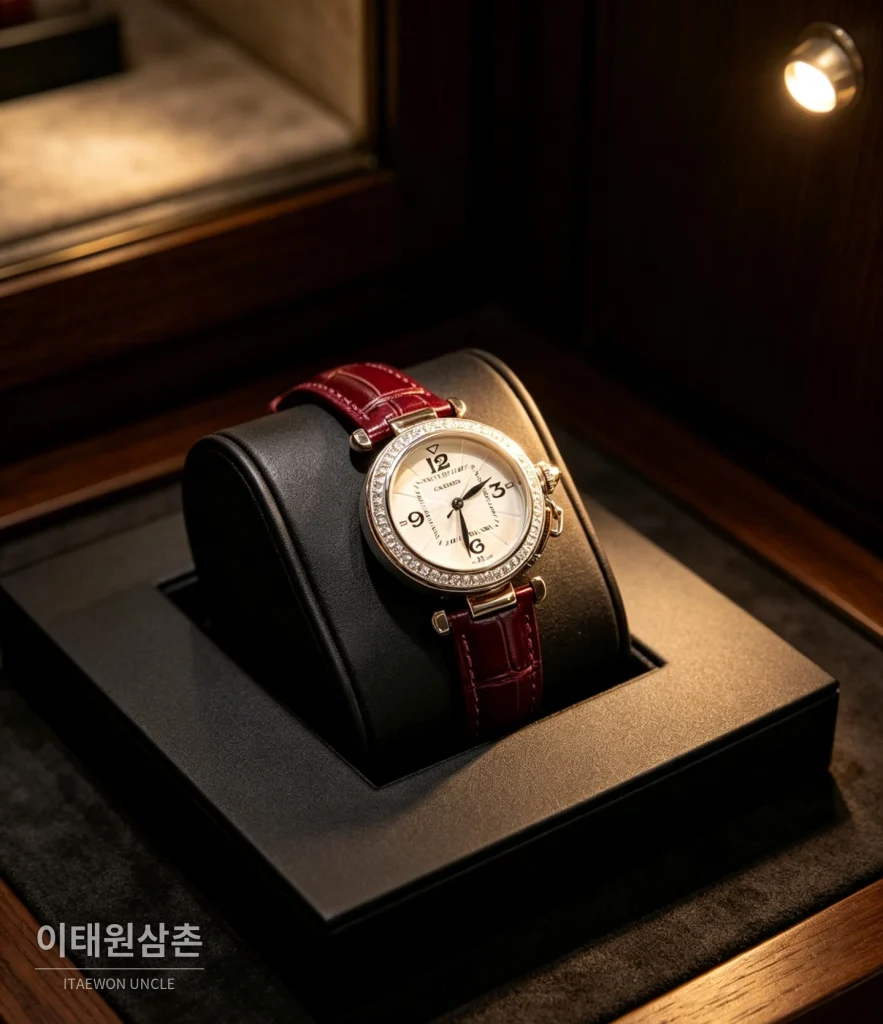 까르띠에 파샤 드 까르띠에 스틸 블루핸즈 쿼츠 35mm 화이트 다이얼 버건디 가죽 스트랩