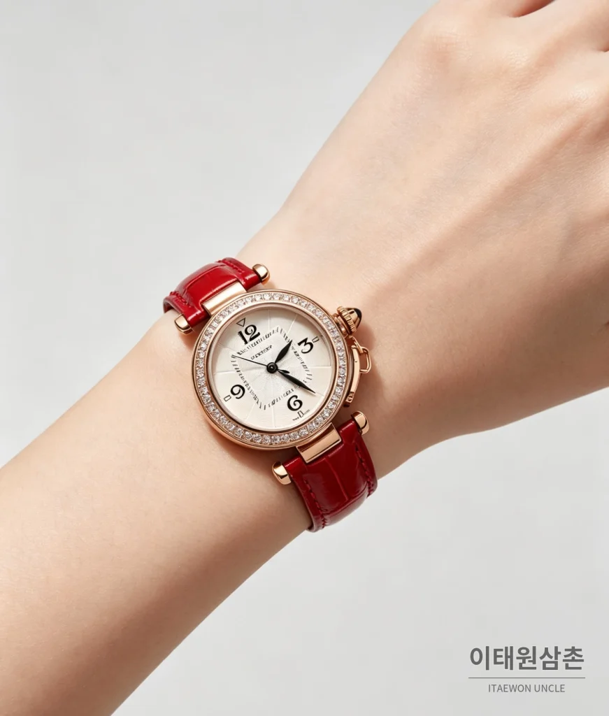 까르띠에 파샤 드 까르띠에 스틸 블루핸즈 쿼츠 35mm 화이트 다이얼 레드 가죽 스트랩