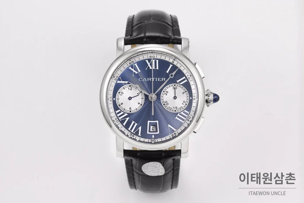 까르띠에 로통드 드 까르띠에 크로노그래프 오토매틱 40mm 블루 다이얼 블랙 가죽 스트랩