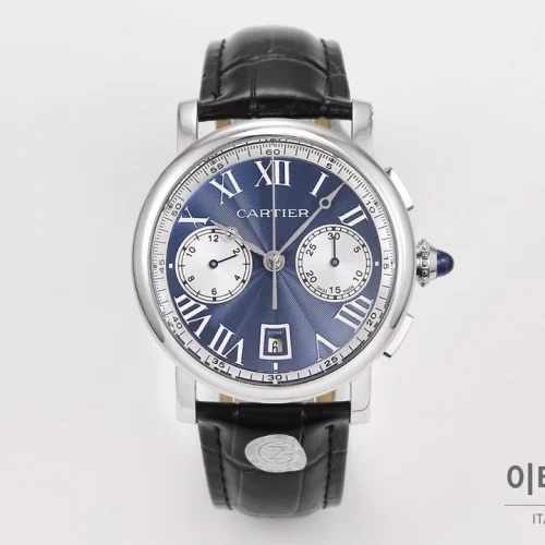 까르띠에 로통드 드 까르띠에 크로노그래프 오토매틱 40mm 블루 다이얼 블랙 가죽 스트랩 까르띠에 로통드 드 까르띠에 크로노그래프 오토매틱 40mm 블루 다이얼 블랙 가죽 스트랩