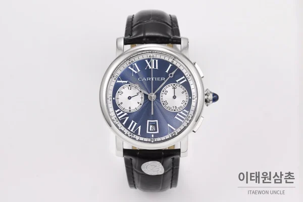 까르띠에 로통드 드 까르띠에 크로노그래프 오토매틱 40mm 블루 다이얼 블랙 가죽 스트랩