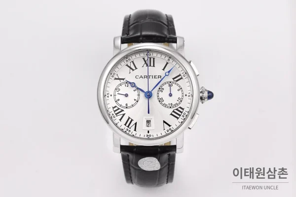 까르띠에 로통드 드 까르띠에 크로노그래프 오토매틱 40mm 화이트 다이얼 블랙 가죽 스트랩