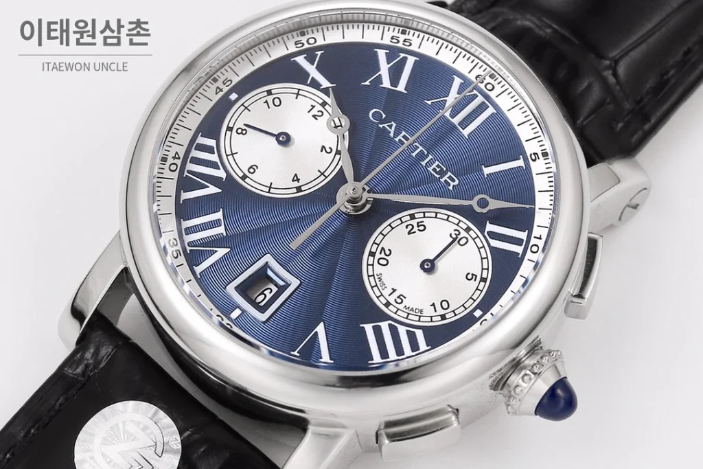 까르띠에 로통드 드 까르띠에 크로노그래프 오토매틱 40mm 블루 다이얼 블랙 가죽 스트랩