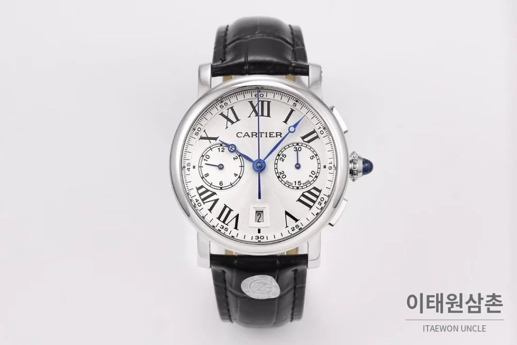 까르띠에 로통드드까르띠에 스틸 실버다이얼 크로노그래프 오토매틱 40mm 블랙 가죽 스트랩