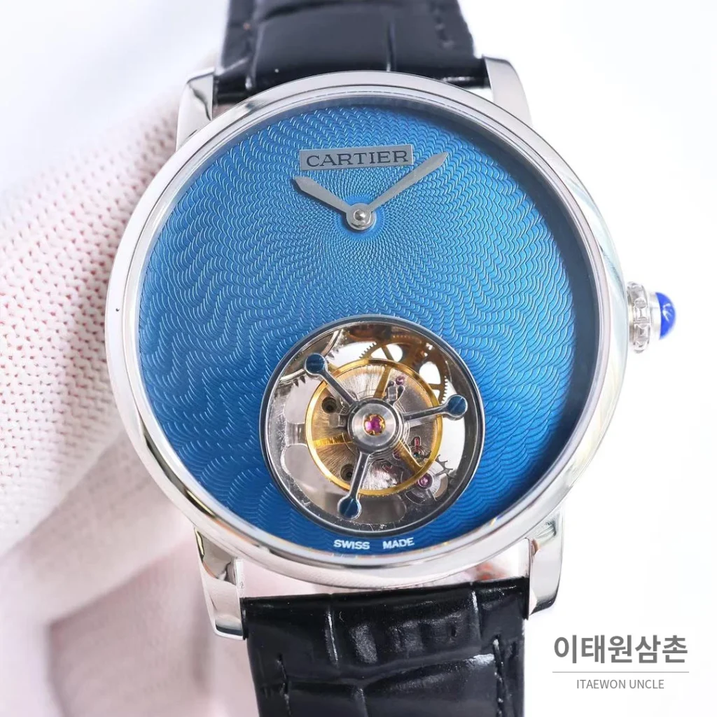 까르띠에 로통드 드 까르띠에 투르비용 스켈레톤 로만다이얼 오토매틱 42mm 실버 / 블랙 블랙 가죽 스트랩