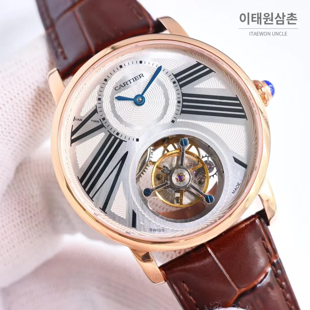 까르띠에 로통드 드 까르띠에 투르비용 스켈레톤 로만다이얼 오토매틱 42mm 실버 / 블랙 브라운 가죽 스트랩