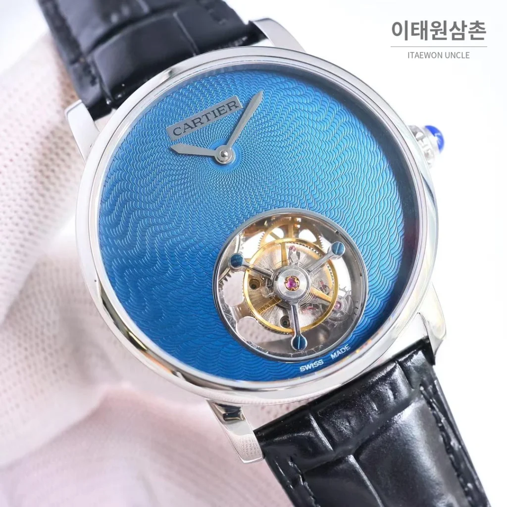 까르띠에 로통드 드 까르띠에 투르비용 스켈레톤 로만다이얼 오토매틱 42mm 실버 / 블랙 블랙 가죽 스트랩