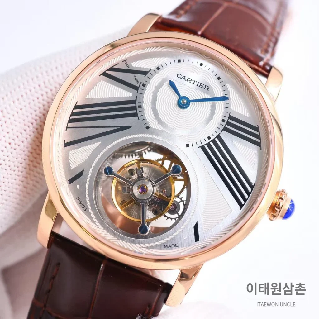 까르띠에 로통드 드 까르띠에 투르비용 스켈레톤 로만다이얼 오토매틱 42mm 실버 / 블랙 브라운 가죽 스트랩