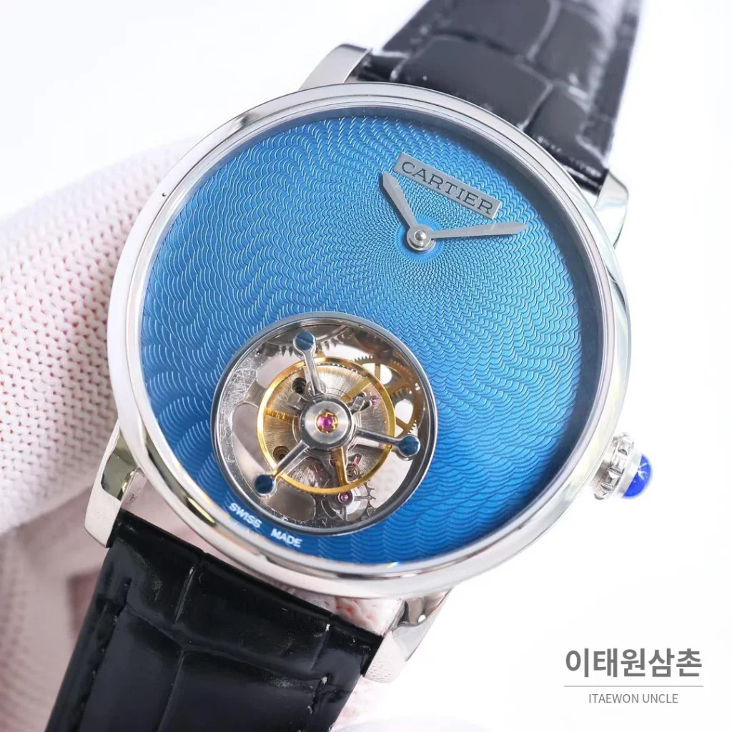 까르띠에 로통드 드 까르띠에 투르비용 스켈레톤 로만다이얼 오토매틱 42mm 실버 / 블랙 블랙 가죽 스트랩