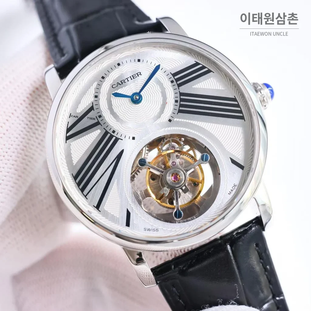 까르띠에 로통드 드 까르띠에 투르비용 스켈레톤 로만다이얼 오토매틱 42mm 실버 / 블랙 블랙 가죽 스트랩 (2)