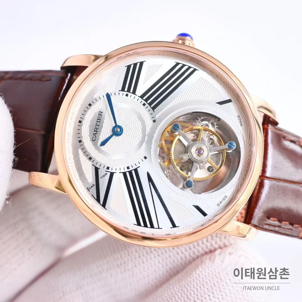 까르띠에 로통드 드 까르띠에 투르비용 스켈레톤 로만다이얼 오토매틱 42mm 실버 / 블랙 브라운 가죽 스트랩