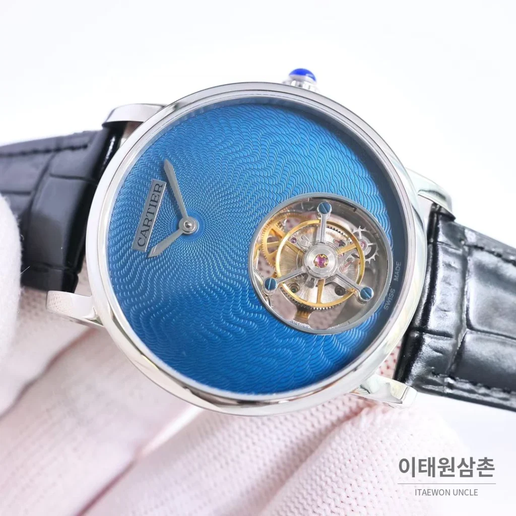 까르띠에 로통드 드 까르띠에 투르비용 스켈레톤 로만다이얼 오토매틱 42mm 실버 / 블랙 블랙 가죽 스트랩