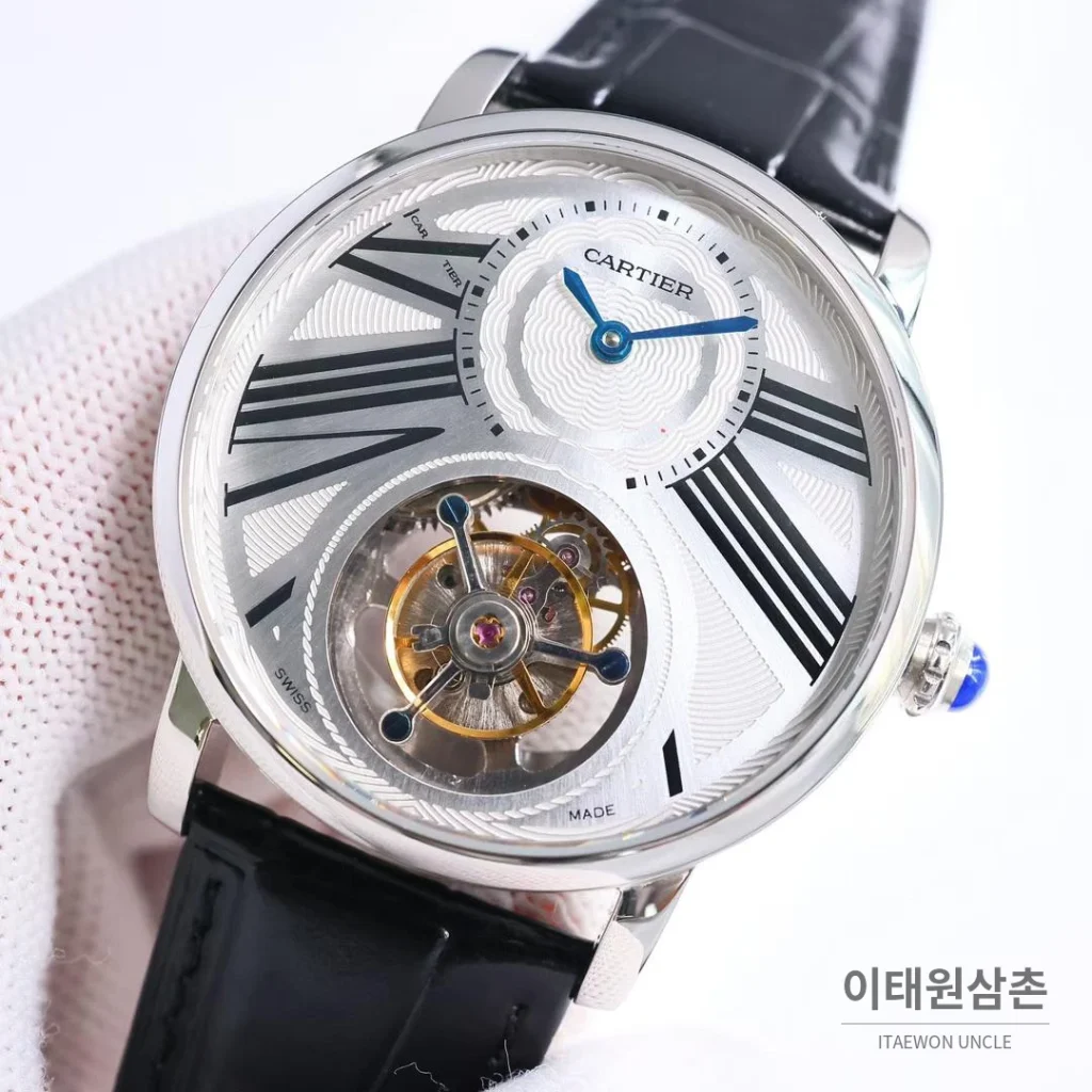 까르띠에 로통드 드 까르띠에 투르비용 스켈레톤 로만다이얼 오토매틱 42mm 실버 / 블랙 블랙 가죽 스트랩 (2)