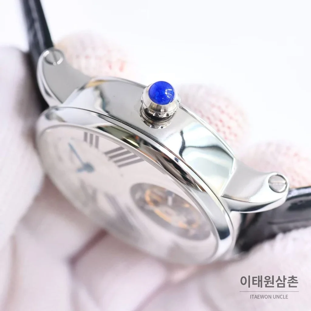 까르띠에 로통드 드 까르띠에 투르비용 스켈레톤 로만다이얼 오토매틱 42mm 실버 / 블랙 블랙 가죽 스트랩 (2)