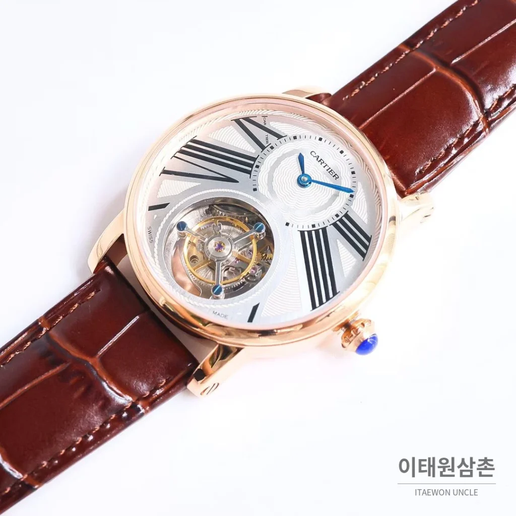 까르띠에 로통드 드 까르띠에 투르비용 스켈레톤 로만다이얼 오토매틱 42mm 실버 / 블랙 브라운 가죽 스트랩