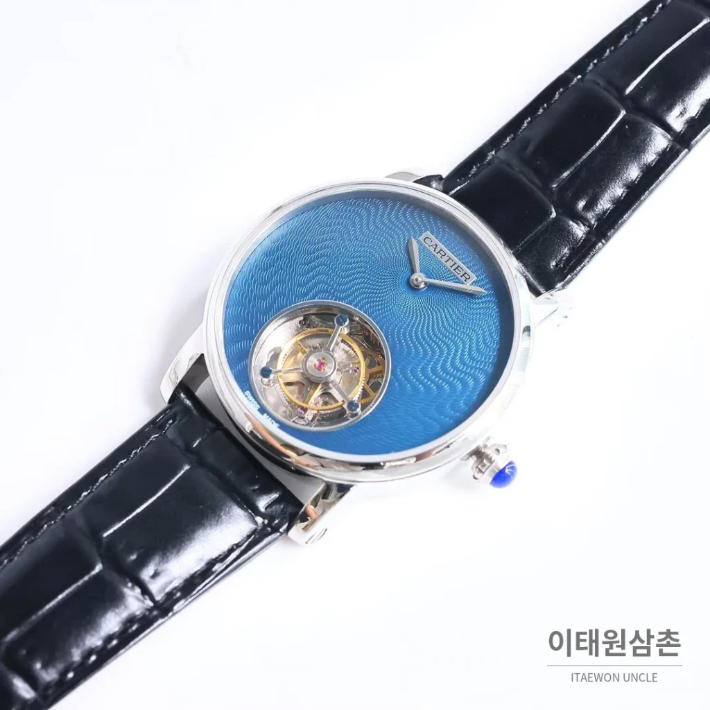 까르띠에 로통드 드 까르띠에 투르비용 스켈레톤 로만다이얼 오토매틱 42mm 실버 / 블랙 블랙 가죽 스트랩