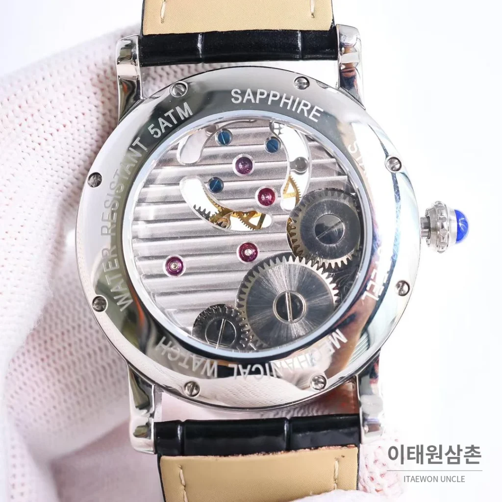 까르띠에 로통드 드 까르띠에 투르비용 스켈레톤 로만다이얼 오토매틱 42mm 실버 / 블랙 블랙 가죽 스트랩