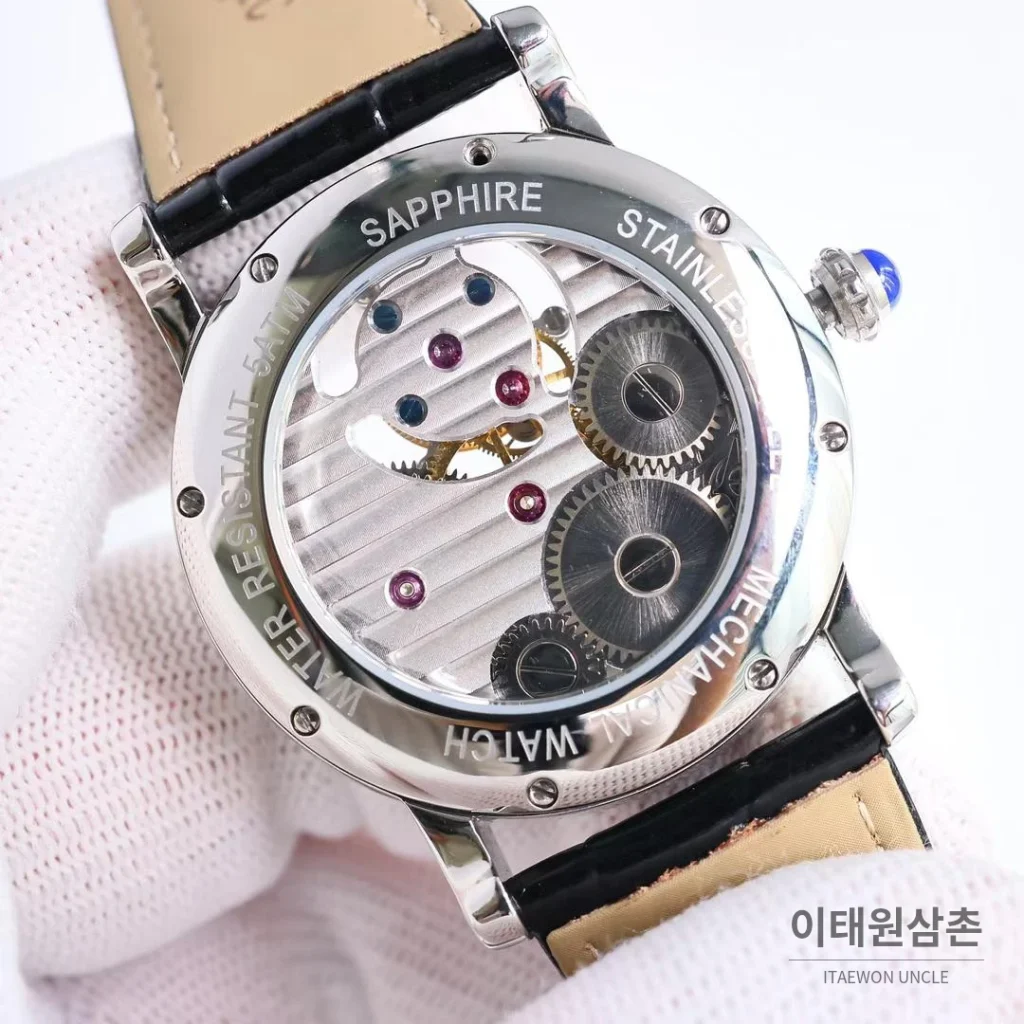 까르띠에 로통드 드 까르띠에 투르비용 스켈레톤 로만다이얼 오토매틱 42mm 실버 / 블랙 블랙 가죽 스트랩 (2)