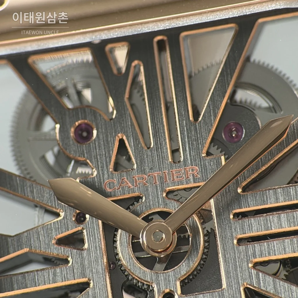 까르띠에 산토스 오토매틱 스켈레톤 다이얼 블랙 가죽 스트랩 로즈골드 베젤