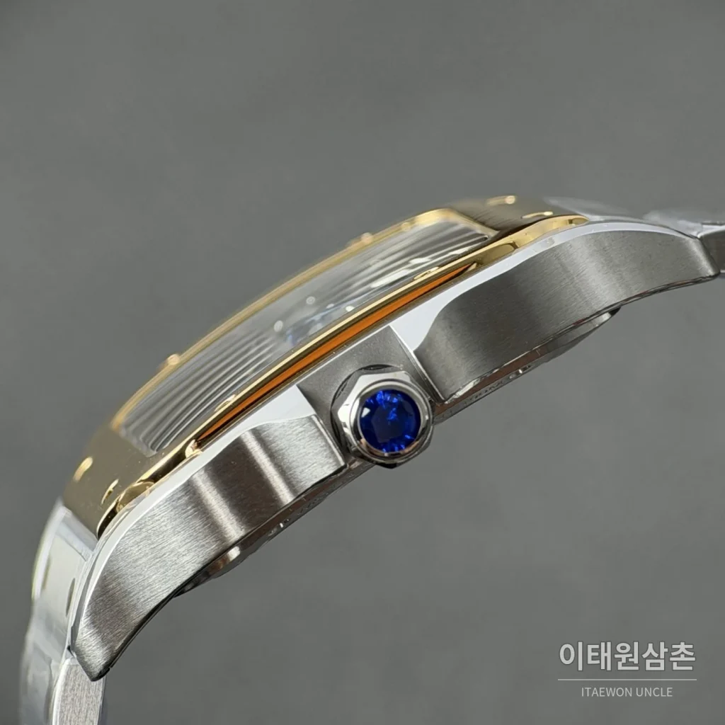 까르띠에 산토스 오토매틱 스켈레톤 다이얼 투톤 브레이슬릿 골드 베젤