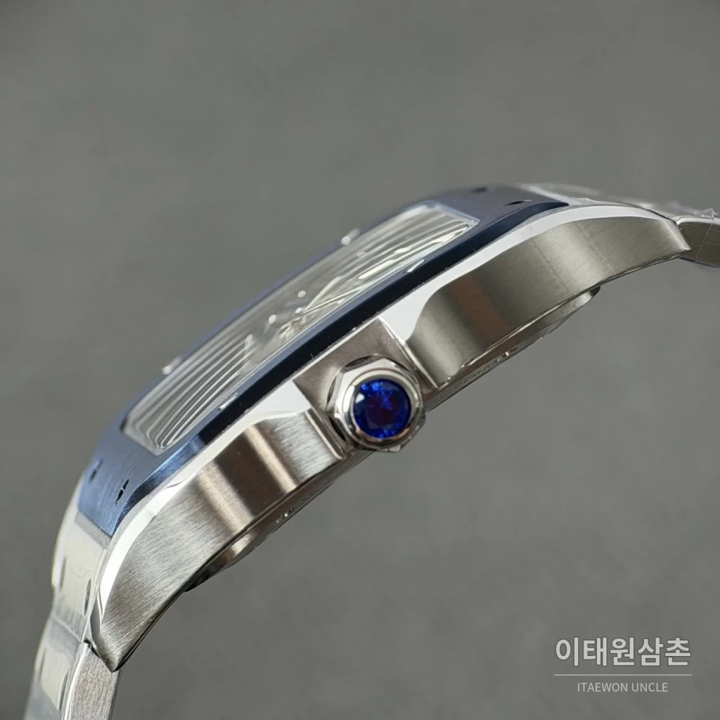 까르띠에 산토스 오토매틱 스켈레톤 다이얼 스틸 브레이슬릿 블루 베젤
