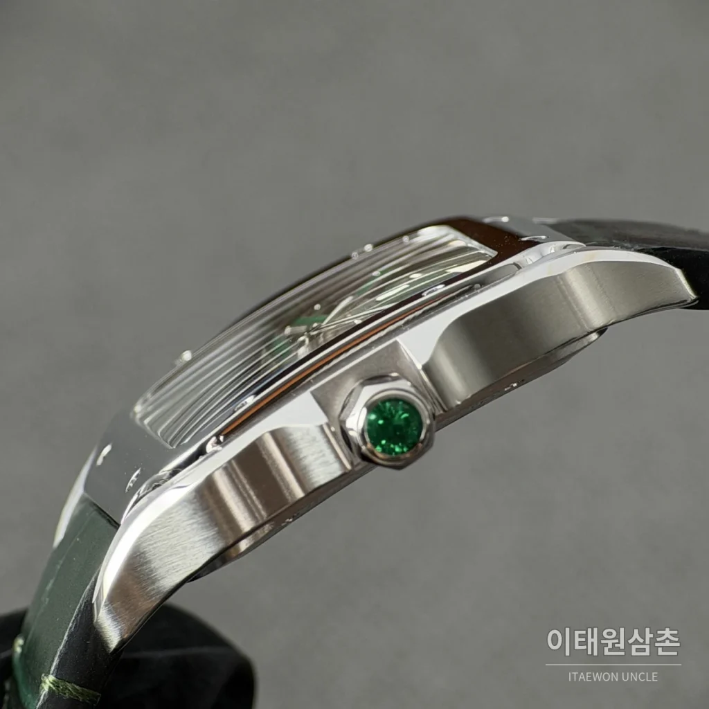 까르띠에 산토스 오토매틱 스켈레톤 다이얼 그린 가죽 스트랩