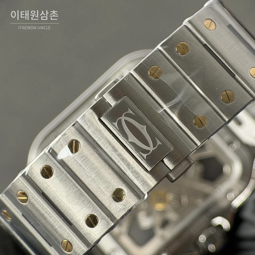 까르띠에 산토스 오토매틱 스켈레톤 다이얼 투톤 브레이슬릿 골드 베젤