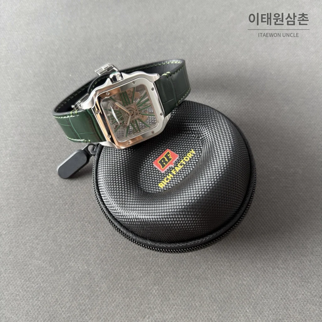 까르띠에 산토스 오토매틱 스켈레톤 다이얼 그린 가죽 스트랩
