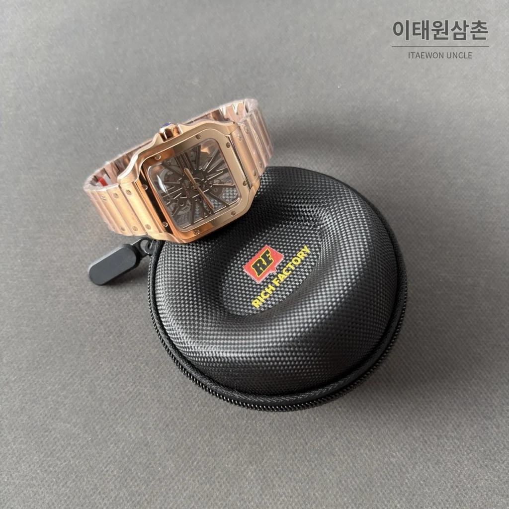 까르띠에 산토스 오토매틱 스켈레톤 다이얼 로즈골드 브레이슬릿 로즈골드 베젤