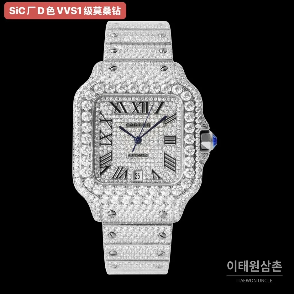 까르띠에 산토스 D컬러 VVS1 풀모이사나이트 로만다이얼 남녀공용시계
