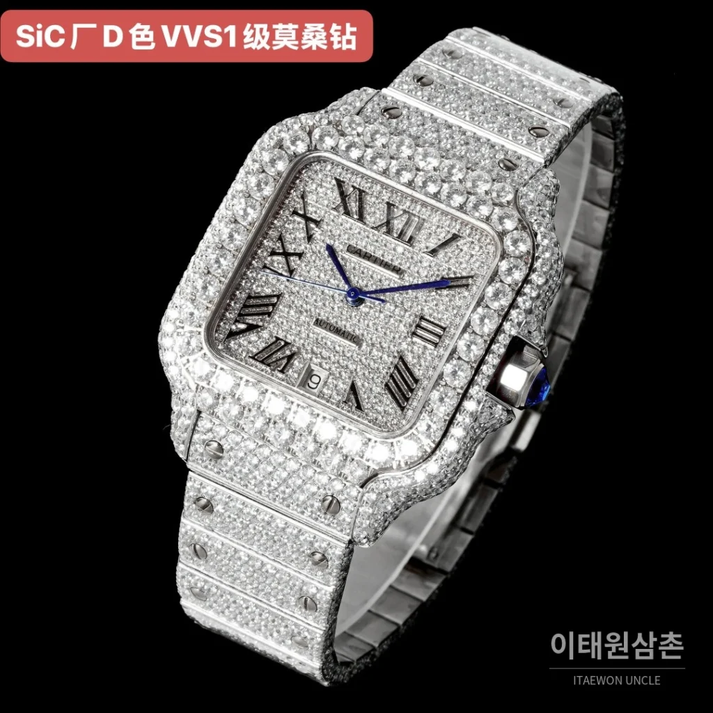 까르띠에 산토스 D컬러 VVS1 풀모이사나이트 로만다이얼 남녀공용시계