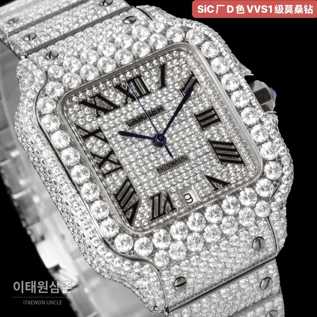 까르띠에 산토스 D컬러 VVS1 풀모이사나이트 로만다이얼 남녀공용시계