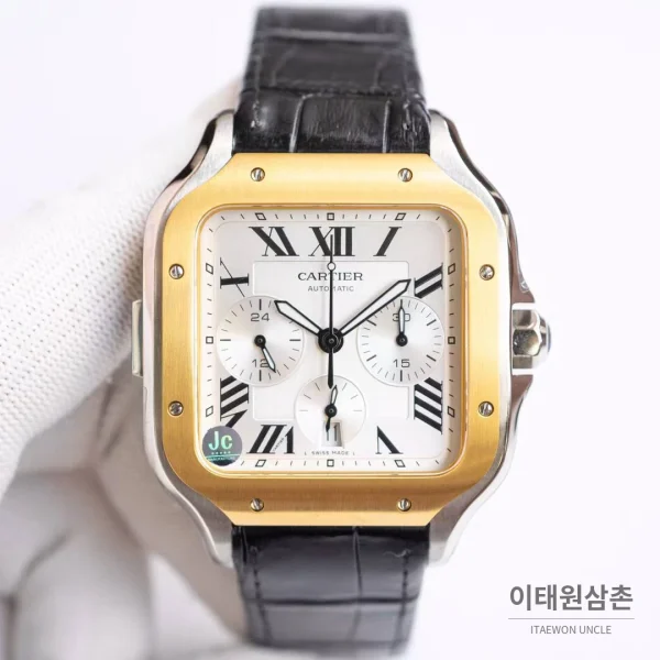 까르띠에 산토스 드 까르띠에 크로노그래프 블랙다이얼 오토매틱 51mm 블랙 가죽 스트랩 골드 베젤