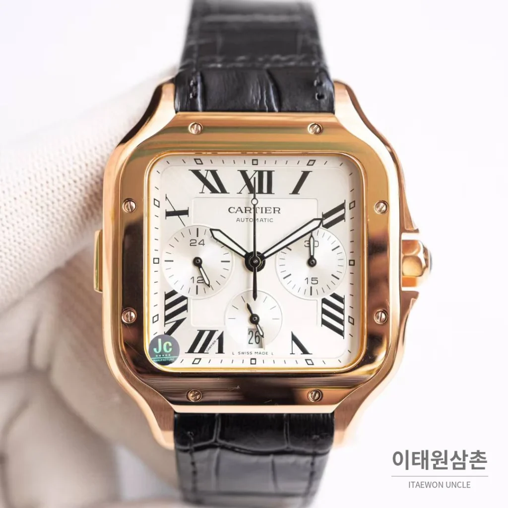 까르띠에 산토스 드 까르띠에 크로노그래프 블랙다이얼 오토매틱 51mm 블랙 가죽 스트랩 로즈골드 베젤