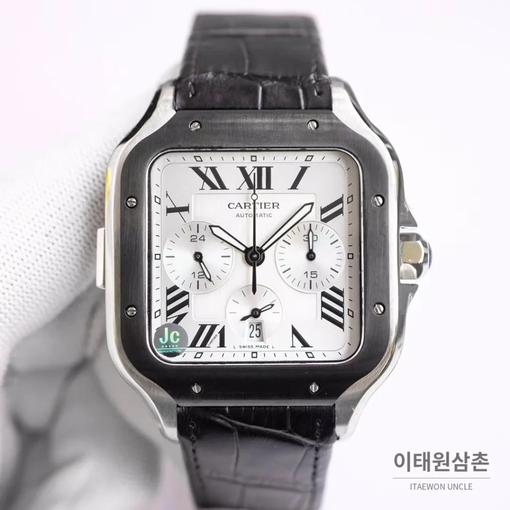 까르띠에 산토스 드 까르띠에 크로노그래프 블랙다이얼 오토매틱 51mm 블랙 가죽 스트랩 블랙 베젤